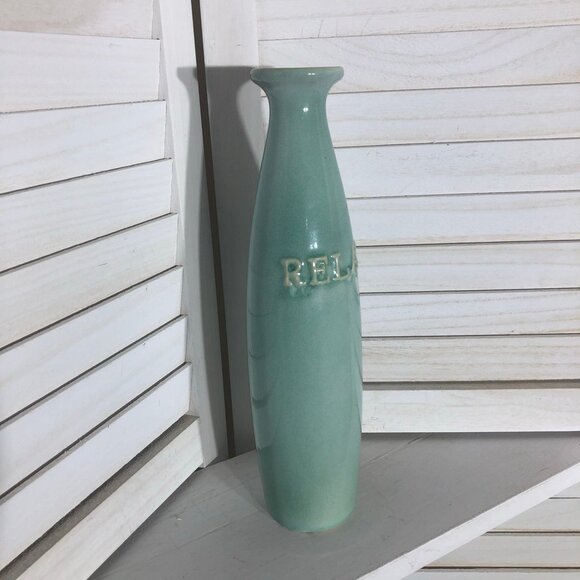 Glossy Art Pottery Vase Ceramic "Relax" Imprint Tall Bottle-Neck Seafoam Green - Picture 9 of 9